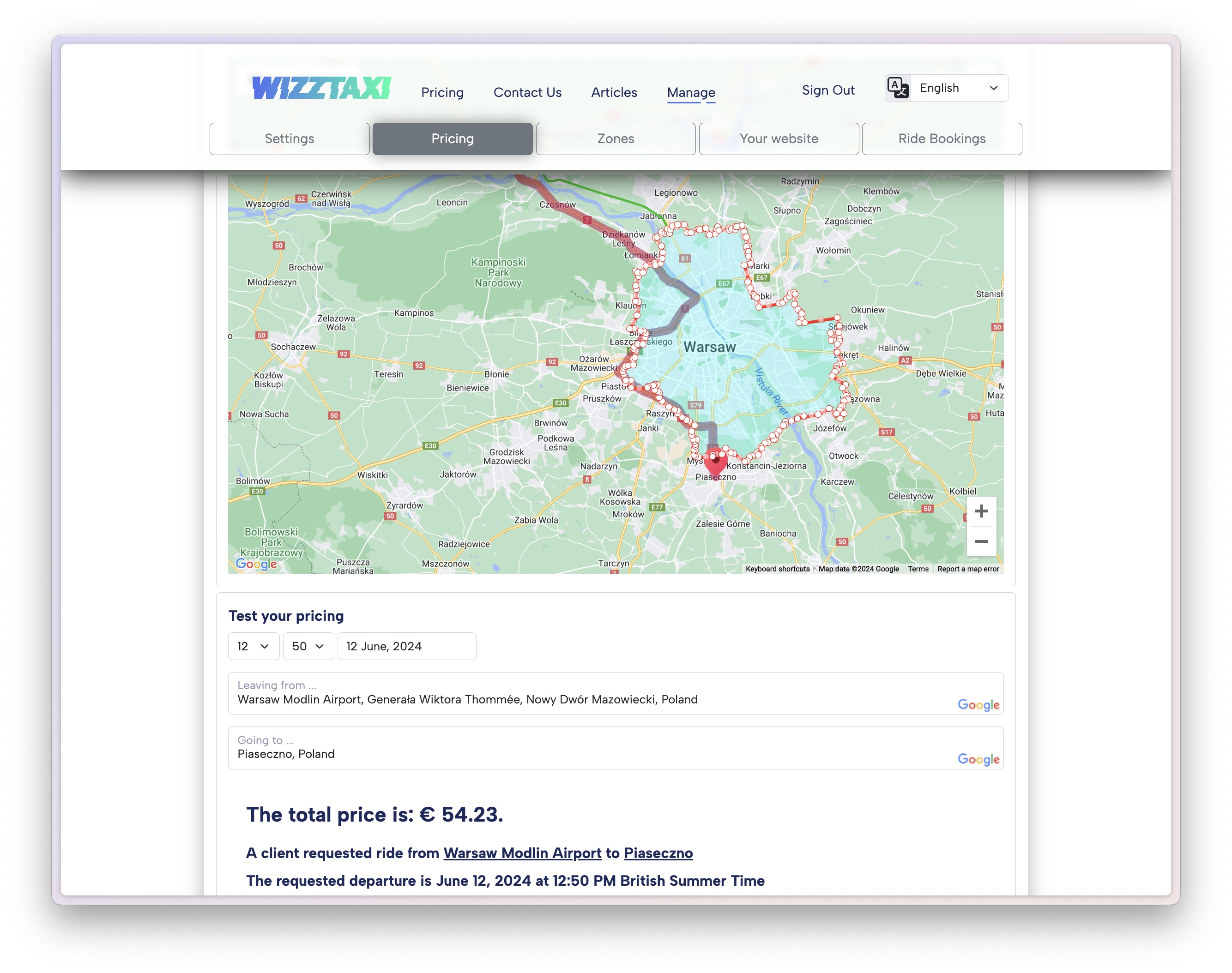 Zrzut ekranu cennika Wizztaxi